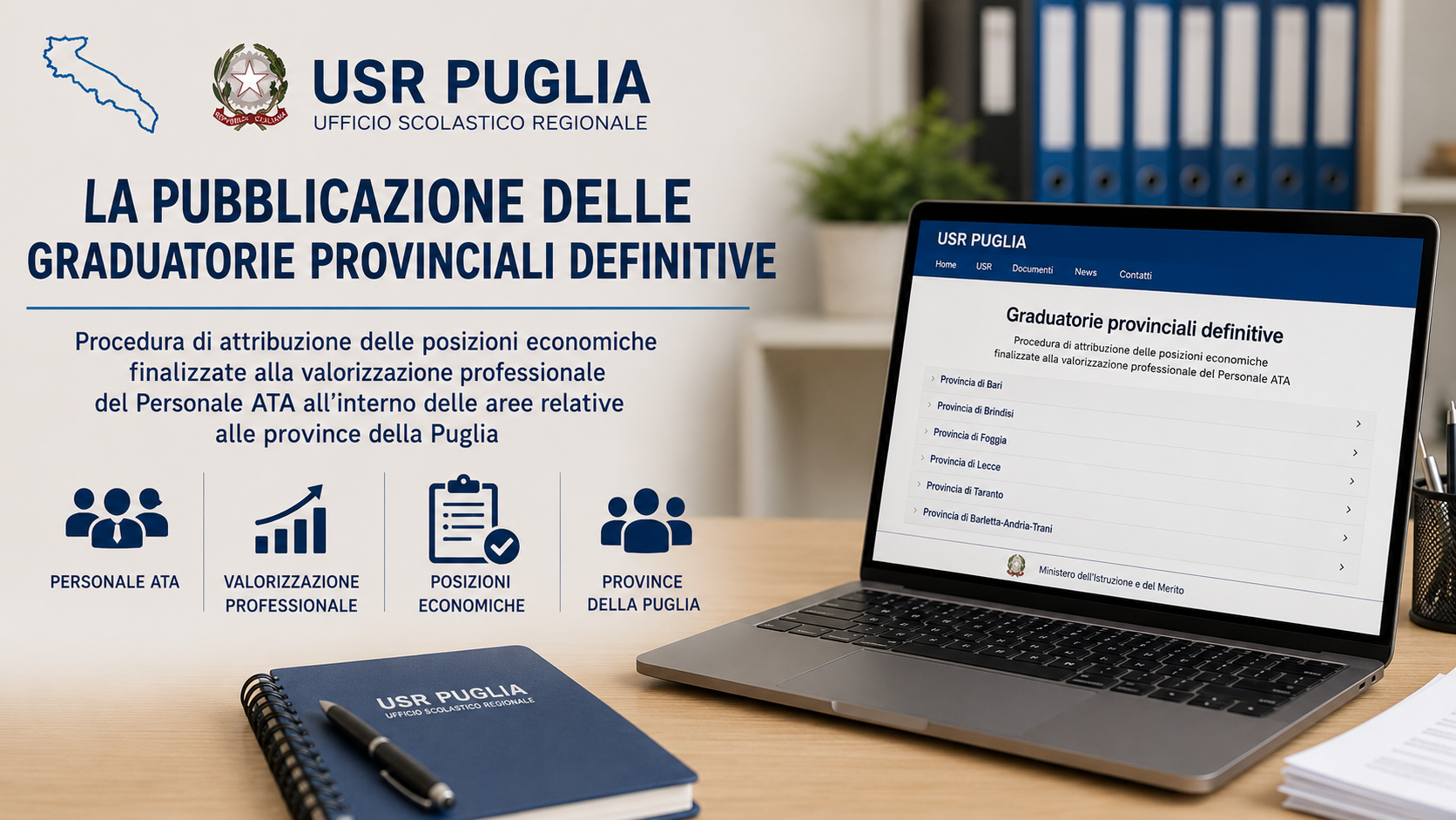Al momento stai visualizzando PUBBLICAZIONE DELLE GRADUATORIE PROVINCIALI DEFINITIVE DELLE PROVINCE DELLA PUGLIA – PROCEDURA DI ATTRIBUZIONE DELLE POSIZIONI ECONOMICHE FINALIZZATE ALLA VALORIZZAZIONE PROFESSIONALE DEL PERSONALE ATA ALL’INTERNO DELLE AREE