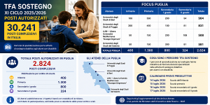 Scopri di più sull'articolo TFA SOSTEGNO XI CICLO 2025/2026 – AUTORIZZATI 30.241 POSTI – PUBBLICATO IL DECRETO CON LA RIPARTIZIONE PER UNIVERSITÀ E IL CALENDARIO DELLE PROVE