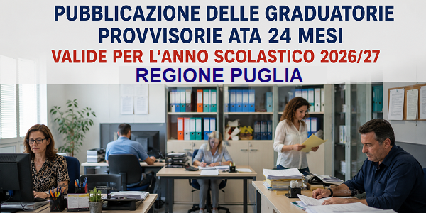 Al momento stai visualizzando PUBBLICAZIONE DELLE GRADUATORIE PROVVISORIE ATA 24 MESI, VALIDE PER L’ANNO SCOLASTICO 2026/27 – REGIONE PUGLIA