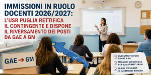 Scopri di più sull'articolo IMMISSIONI IN RUOLO DOCENTI 2026/2027: L’USR PUGLIA RETTIFICA IL CONTINGENTE E DISPONE IL RIVERSAMENTO DEI POSTI DA GAE A GM