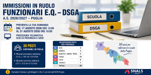 Scopri di più sull'articolo IMMISSIONI IN RUOLO FUNZIONARI E.Q. – DSGA IN PUGLIA: CONVOCAZIONE PER LA SCELTA DI PROVINCIA E SEDE