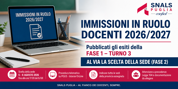 Al momento stai visualizzando IMMISSIONI IN RUOLO DOCENTI 2026/2027 IN PUGLIA: PUBBLICATI GLI ESITI DELLA FASE 2 – TURNO TRE