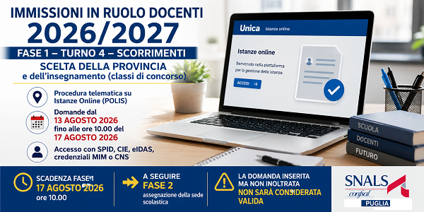 Al momento stai visualizzando IMMISSIONI IN RUOLO DOCENTI 2026/2027: IN PUGLIA AL VIA LA FASE 1 – TURNO 4