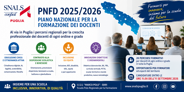 Al momento stai visualizzando PNFD 2025/2026: AL VIA IN PUGLIA I PERCORSI REGIONALI PER LA FORMAZIONE DEI DOCENTI – SELEZIONE FORMATORI