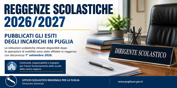 Al momento stai visualizzando REGGENZE SCOLASTICHE 2026/2027 IN PUGLIA: PUBBLICATI GLI ESITI DEGLI INCARICHI