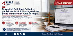 Scopri di più sull'articolo DOCENTI DI RELIGIONE CATTOLICA: PUBBLICATE LE SEDI DI ASSEGNAZIONE PER LE IMMISSIONI IN RUOLO IN PUGLIA