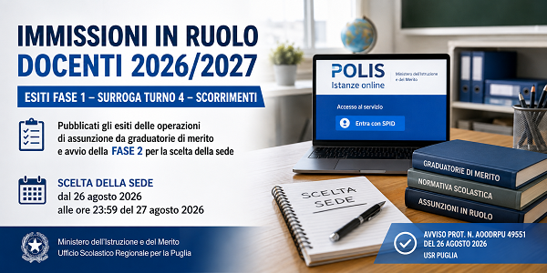 Al momento stai visualizzando IMMISSIONI IN RUOLO DOCENTI 2026/2027: PUBBLICATI GLI ESITI DELLA FASE 1 – SURROGA TURNO 4 E AVVIO DELLA SCELTA DELLA SEDE