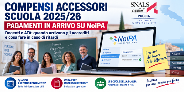 Al momento stai visualizzando COMPENSI ACCESSORI SCUOLA 2025/26: AL VIA I PAGAMENTI – MIGLIAIA DI LAVORATORI PUGLIESI ATTENDONO L’ACCREDITO SU NOIPA